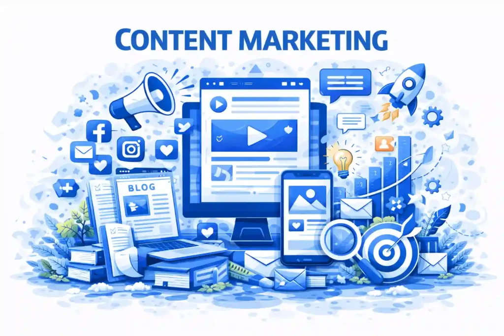 Illustration of content marketing showing blog posts, video content, social media icons, email campaigns, analytics charts, and target goals displayed across desktop and mobile devices in a blue-themed dIllustration of content marketing featuring blog posts, video content, social media icons, email campaigns, analytics charts, and target goals displayed across desktop and mobile devices in a blue-themed design, representing the work of a Freelance Digital Marketing Analyst in Dubai.esign.