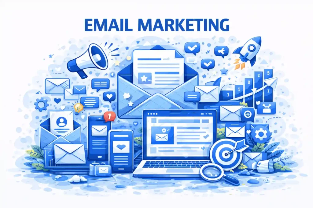 Illustration of email marketing featuring envelopes, newsletters, email notifications, campaign analytics, target goals, and multi-device displays in a blue-themed digital marketing design, representing the work of a Freelance Digital Marketing Analyst in Dubai.