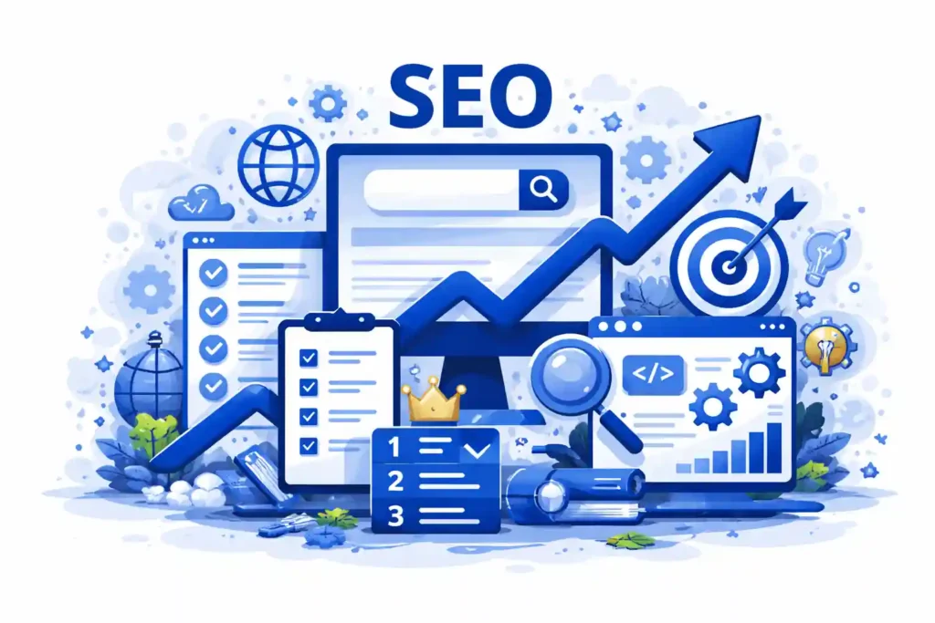 Illustration representing SEO and digital growth, featuring a search engine interface, upward analytics graph, checklist, magnifying glass, target icon, and optimization tools in a blue-themed design, aligned with the work of a Freelance Digital Marketing Analyst in Dubai