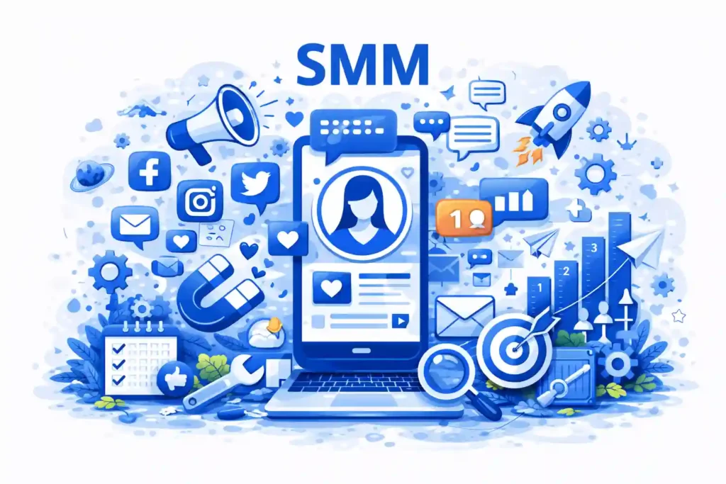 Illustration of social media marketing (SMM) featuring a mobile-centered social profile, social media icons, engagement symbols, analytics graphs, target goals, and growth tools in a blue-themed digital design, representing the work of a Freelance Digital Marketing Analyst in Dubai.