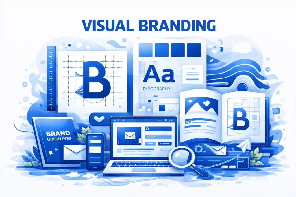 Visual branding illustration in blue and white showing logo design, typography, brand guidelines, digital interfaces, and brand identity elements for a professional marketing website, representing the work of a Freelance Digital Marketing Analyst in Dubai.