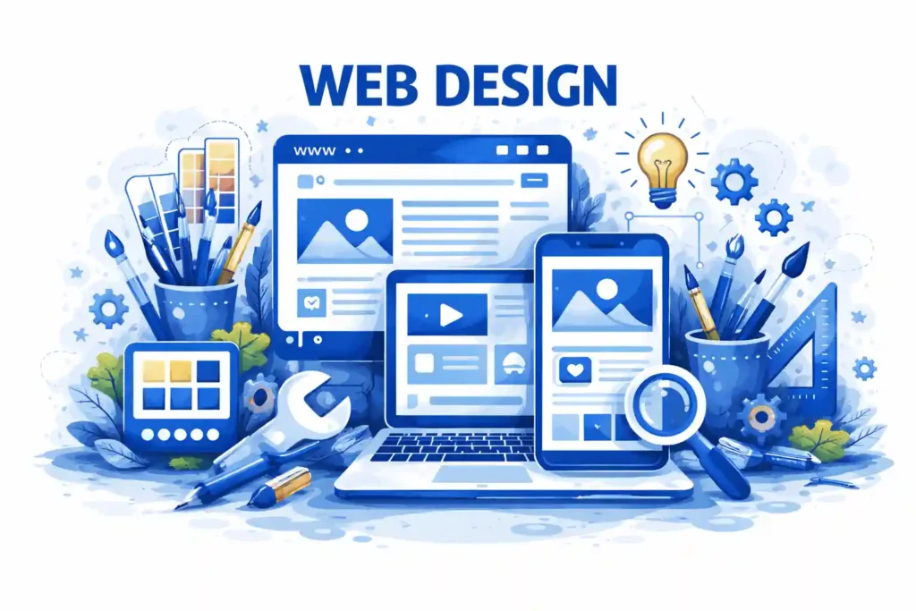 Illustration of modern web design showing a responsive website on desktop, tablet, and mobile screens, surrounded by design tools, color palettes, gears, and creative icons in a blue-themed layout, representing the work of a Freelance Digital Marketing Analyst in Dubai.